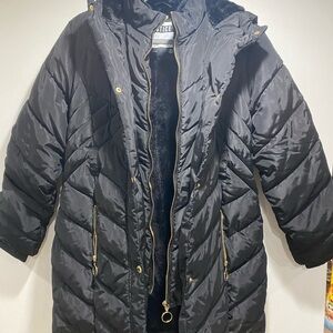 Justice Quilted Black Puffer Coat with Gold Details